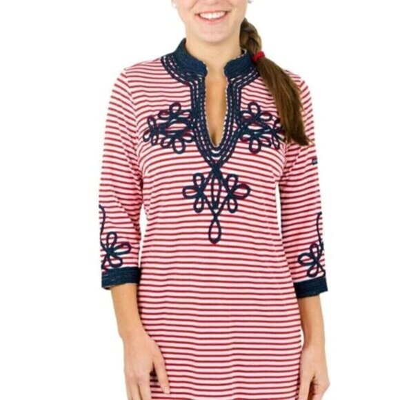 Gretchen Scott Admiral Midi Tunic Dress Striped Embroidery V-Neck Nauticalcore S - Picture 3 of 12